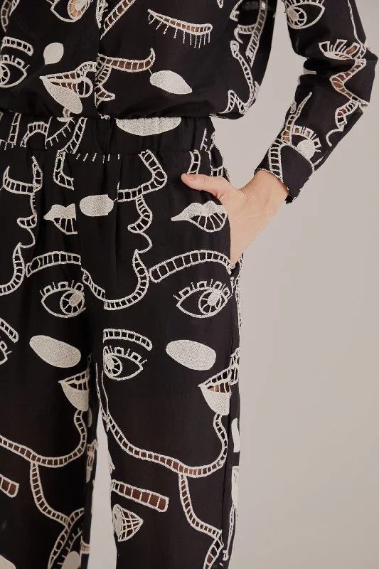 Black Richelieu Faces Pants